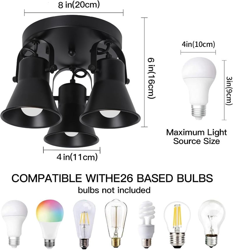 SEEBLEN 3-Light Industrial Track Lighting, Adjustable Round Kitchen Ceiling Light, Morden Black Flush Mount Directional Light for Kitchen, Hallway, Dining Room, Bathroom, Coffee Bar. - Image 4